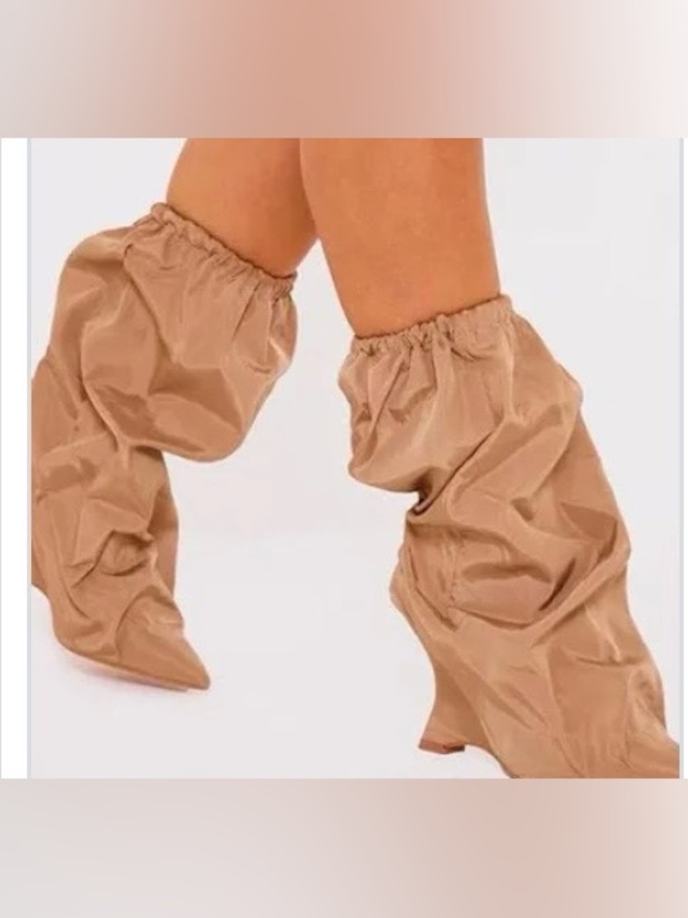 Slouchy Ruched Pointed-Toe Boots in Camel